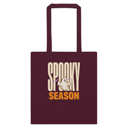 Spooky Season retro Halloween ghost typography cotton tote bag — Burgundy, flat
