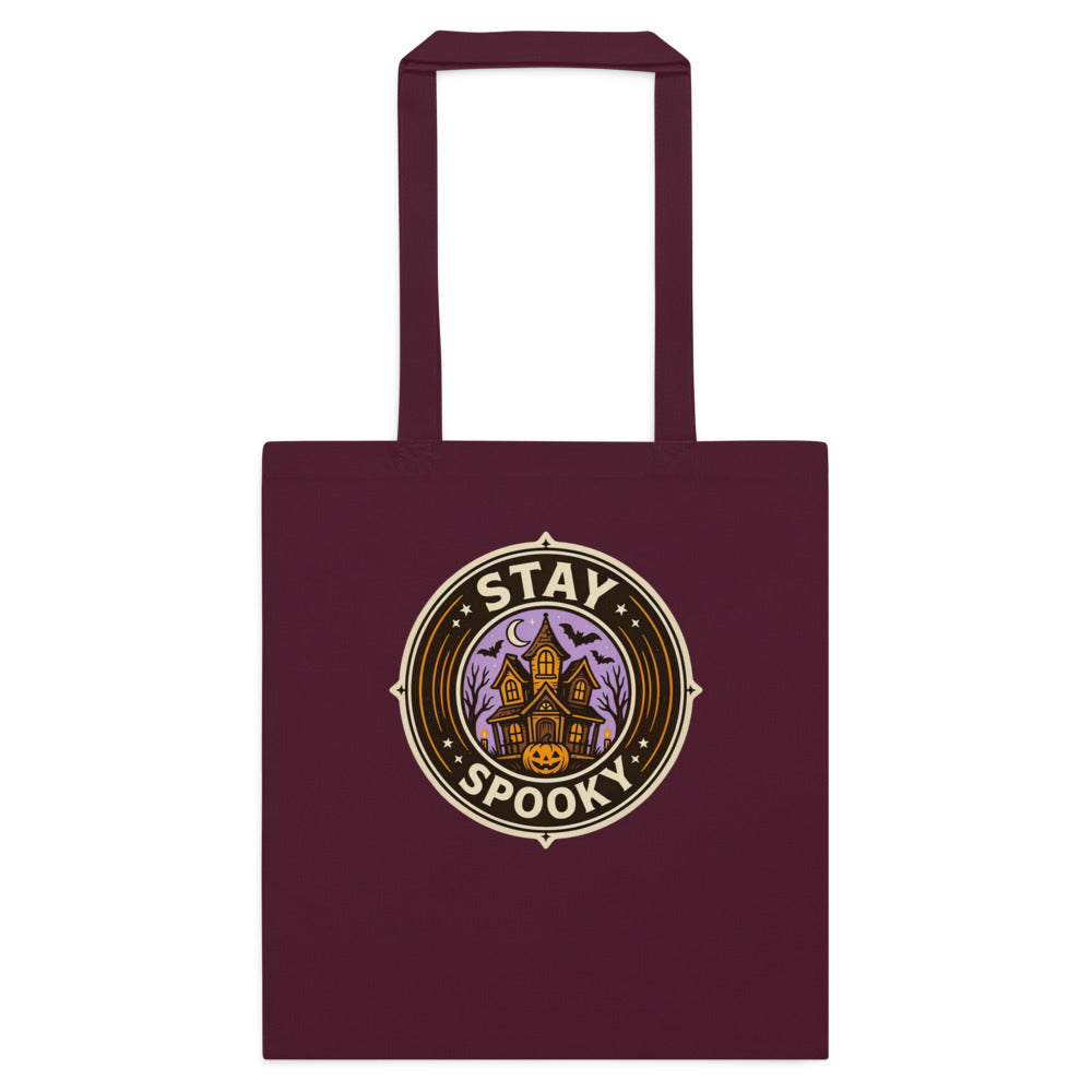 Stay Spooky retro Halloween vintage badge cotton tote bag — Burgundy, flat