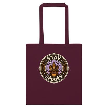 Stay Spooky retro Halloween vintage badge cotton tote bag — Burgundy, flat