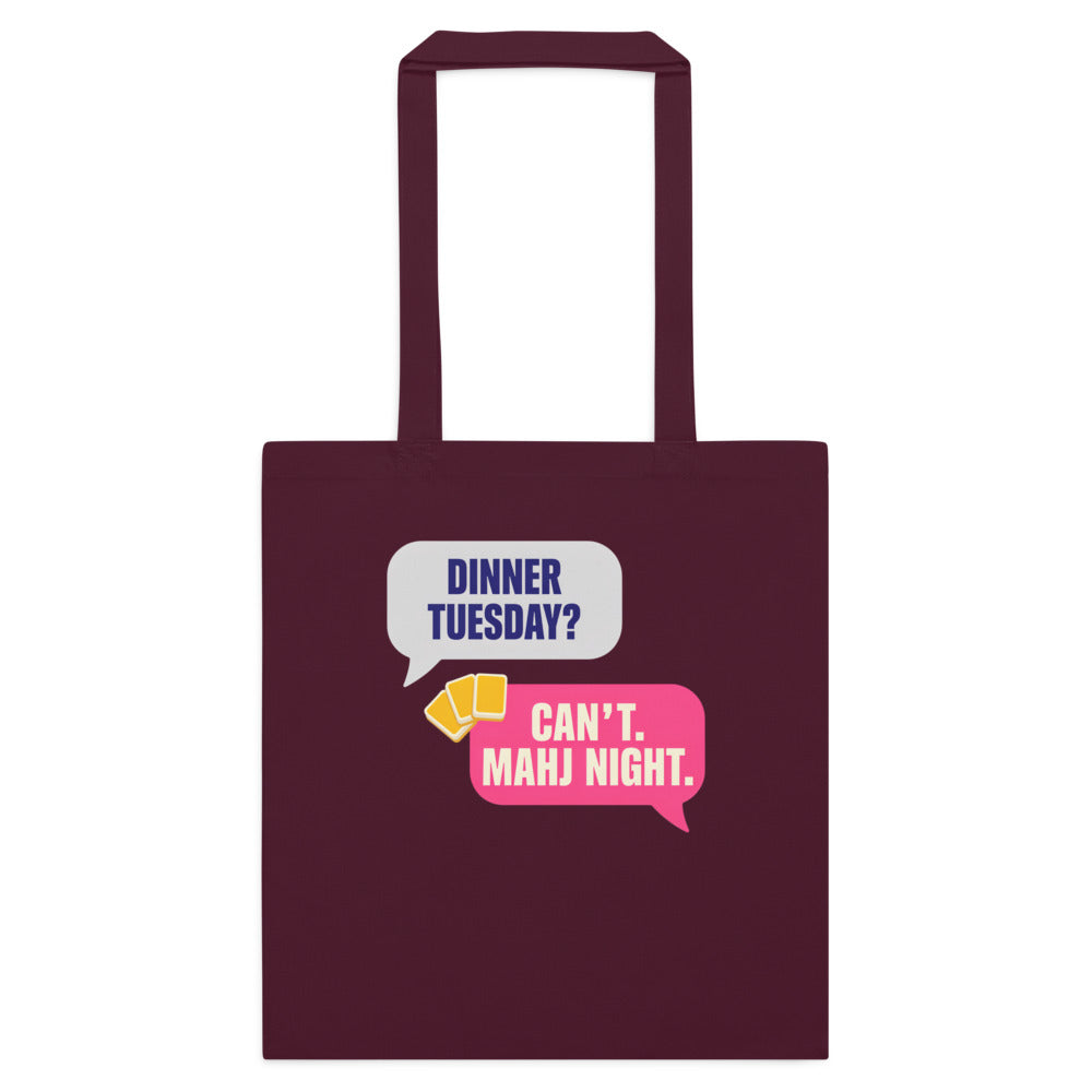 Mahj Night funny mahjong market tote bag — Burgundy, flat