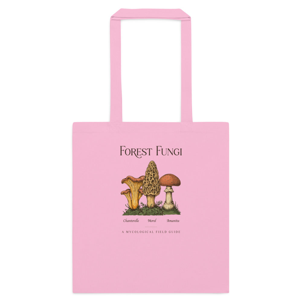 Forest Fungi vintage mushroom field guide tote bag — Classic Pink, flat