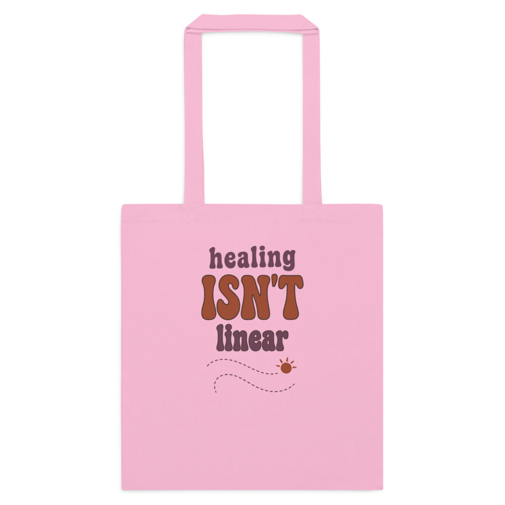 Healing Isn't Linear soft retro mental health cotton tote bag — Classic Pink, flat