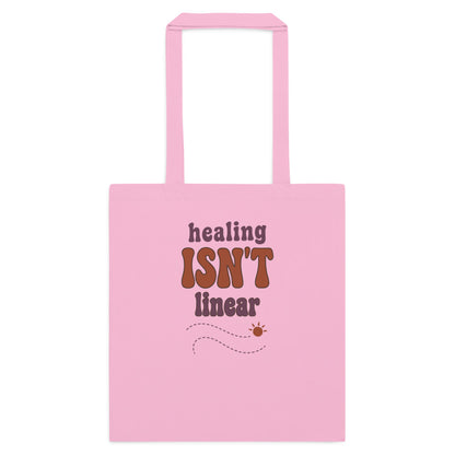 Healing Isn't Linear soft retro mental health cotton tote bag — Classic Pink, flat