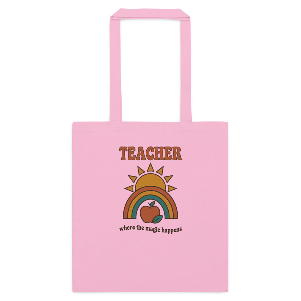 Teacher Where The Magic Happens retro groovy teacher cotton tote bag — Classic Pink, flat