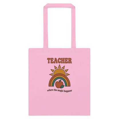 Teacher Where The Magic Happens retro groovy teacher cotton tote bag — Classic Pink, flat