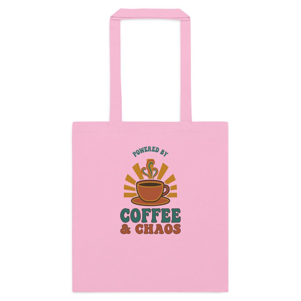 Powered By Coffee And Chaos retro groovy teacher cotton tote bag — Classic Pink, flat