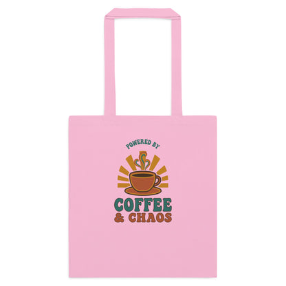 Powered By Coffee And Chaos retro groovy teacher cotton tote bag — Classic Pink, flat