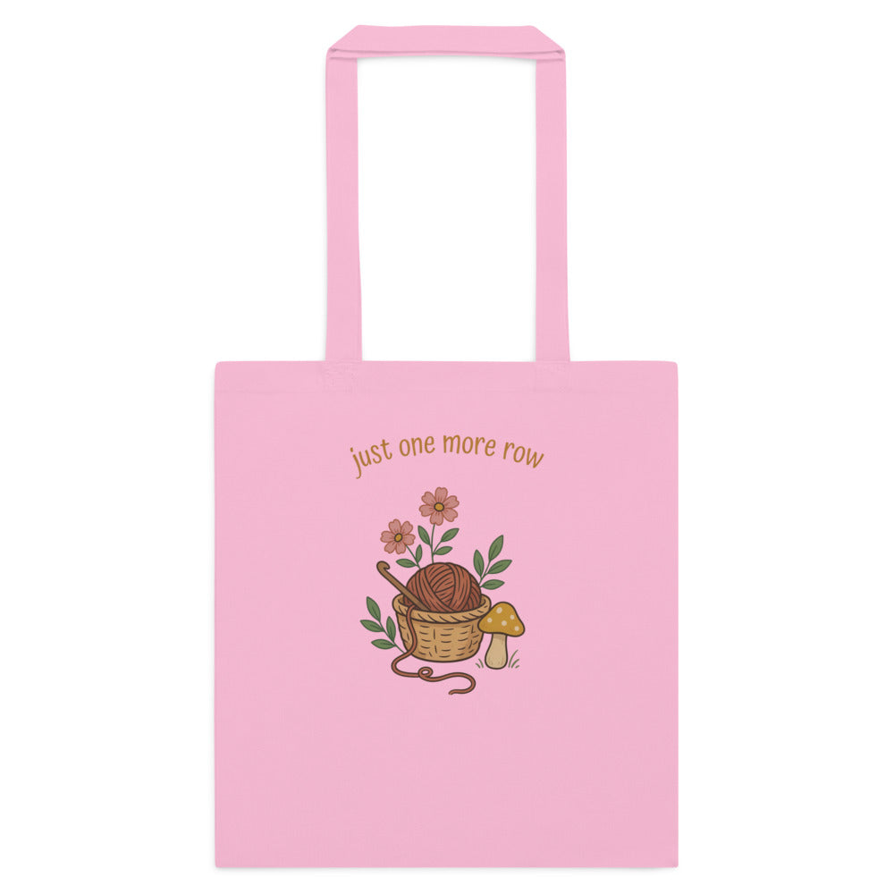 Just One More Row crochet cottagecore cotton tote bag — Classic Pink, flat