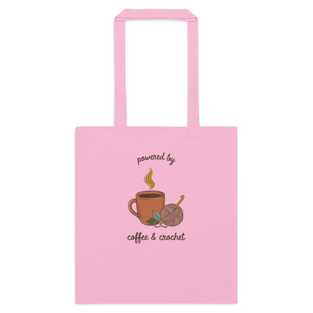 Powered by Coffee and Crochet cottagecore crochet cotton tote bag — Classic Pink, flat