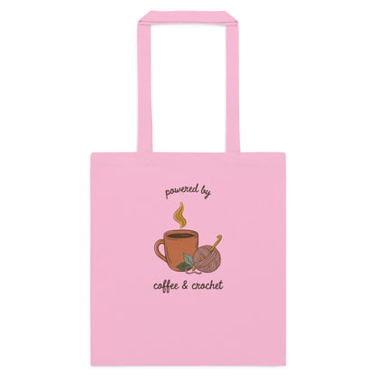 Powered by Coffee and Crochet cottagecore crochet cotton tote bag — Classic Pink, flat