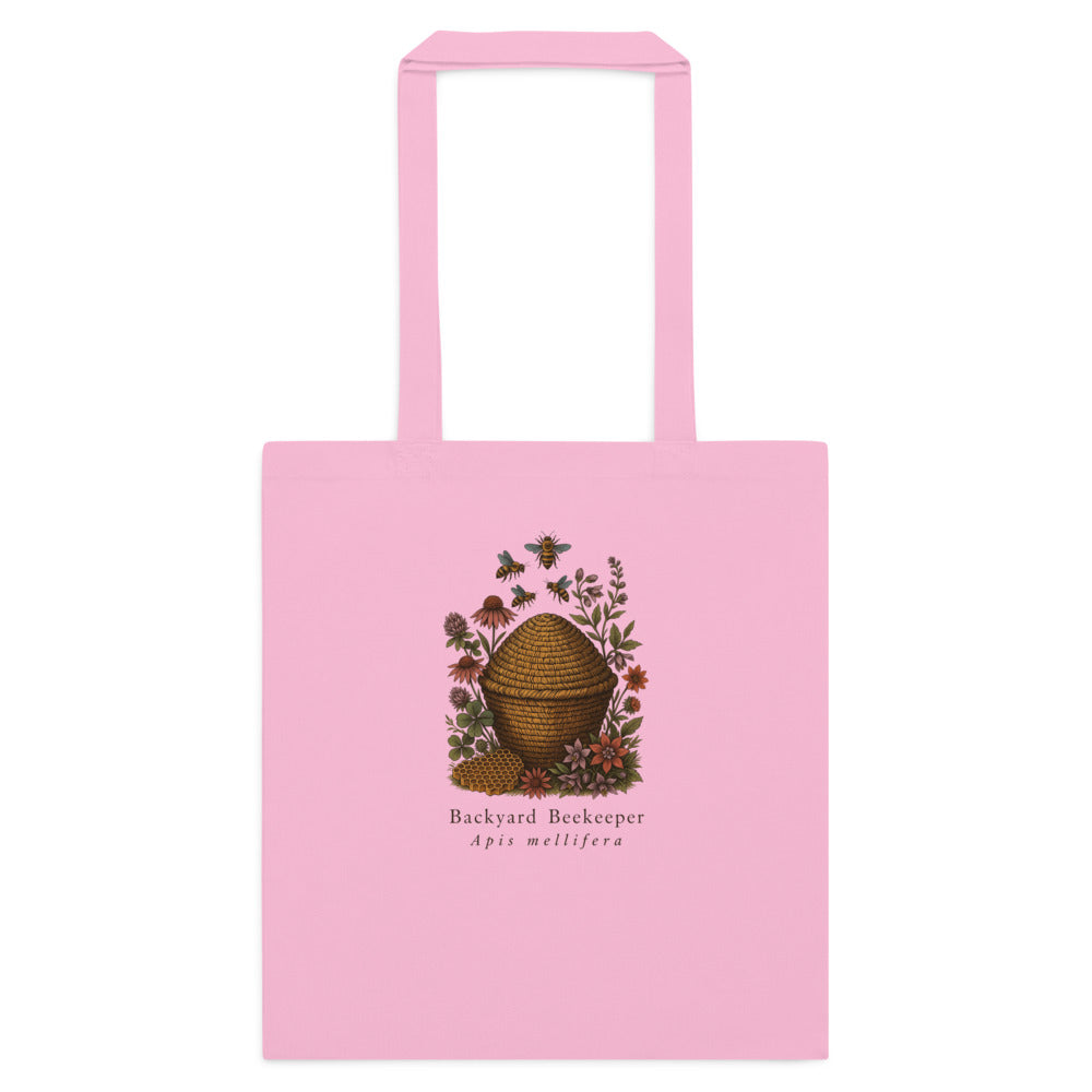 Backyard Beekeeper field-guide bee cotton tote bag — Classic Pink, flat