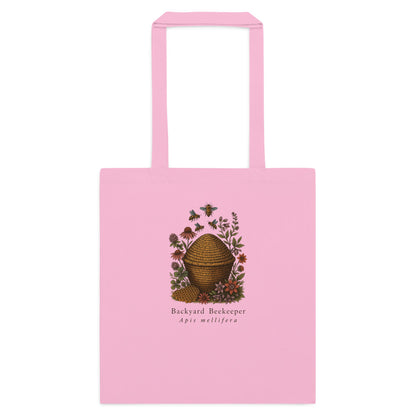 Backyard Beekeeper field-guide bee cotton tote bag — Classic Pink, flat