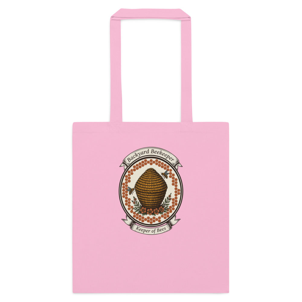 Backyard Beekeeper Keeper of Bees vintage apiary crest cotton tote bag — Classic Pink, flat