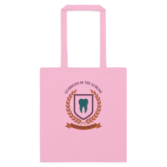 Guardians of the Gumline dental hygienist cotton tote bag — Classic Pink, flat