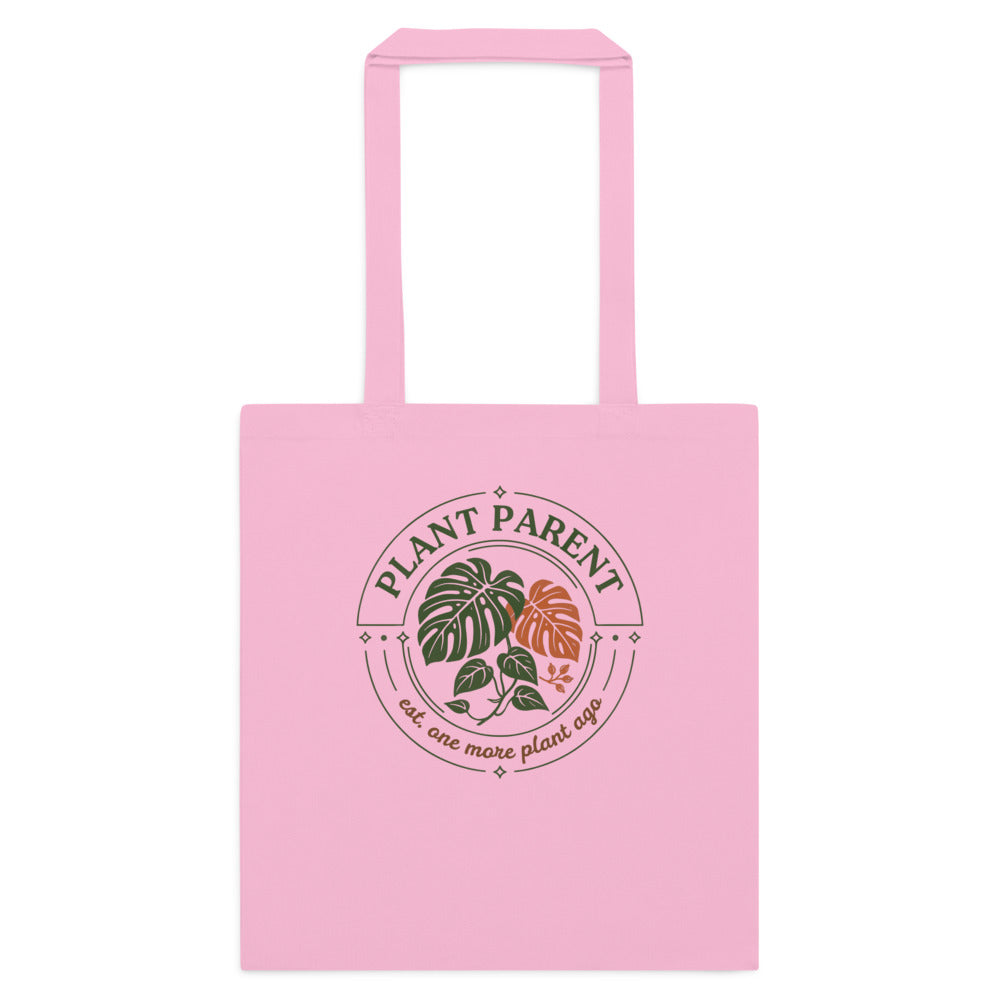 Plant Parent retro botanical badge cotton tote bag — Classic Pink, flat