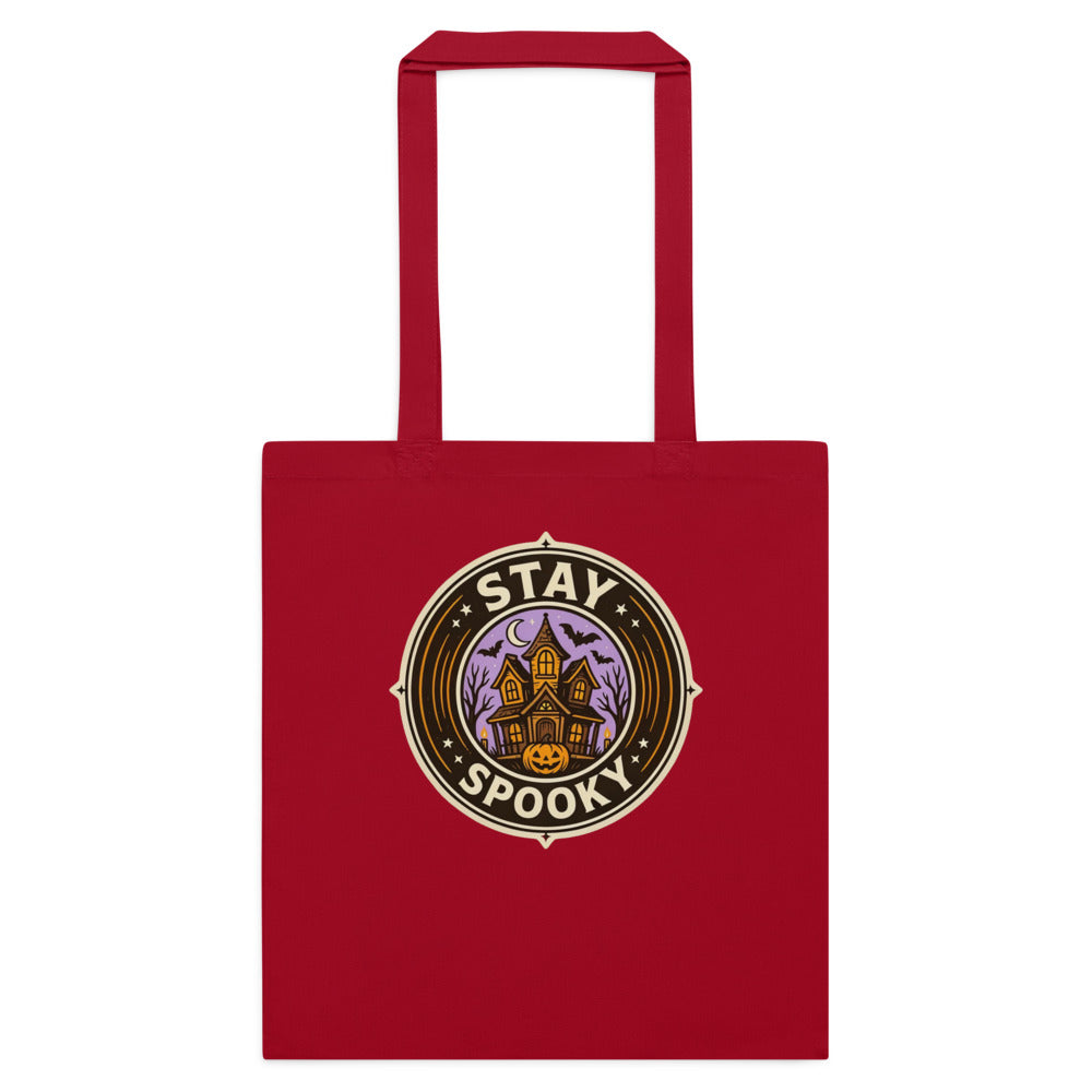 Stay Spooky retro Halloween vintage badge cotton tote bag — Classic Red, flat