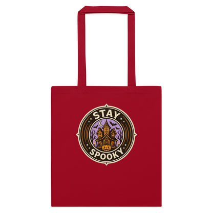 Stay Spooky retro Halloween vintage badge cotton tote bag — Classic Red, flat