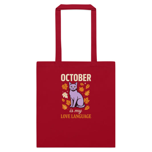 October Is My Love Language retro Halloween purple cat cotton tote bag — Classic Red, flat