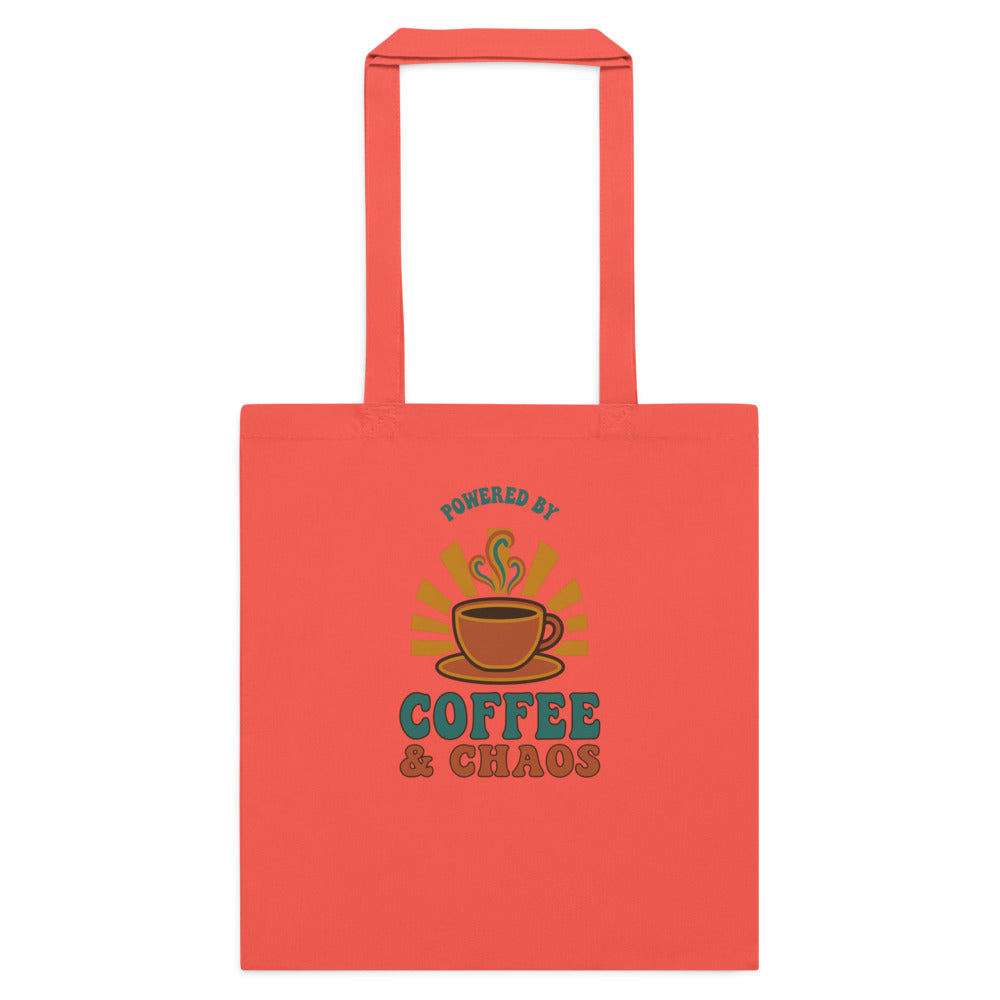 Powered By Coffee And Chaos retro groovy teacher cotton tote bag — Coral, flat