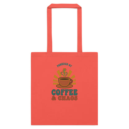 Powered By Coffee And Chaos retro groovy teacher cotton tote bag — Coral, flat