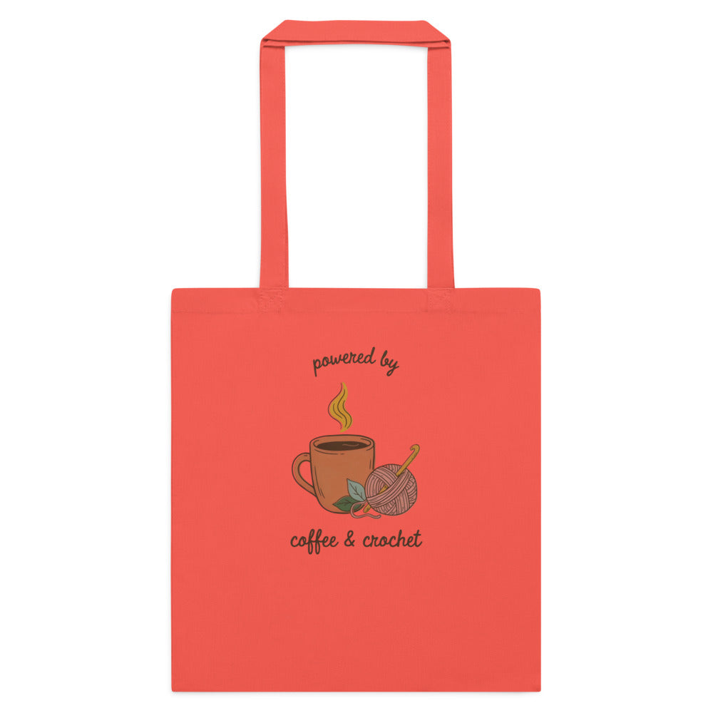 Powered by Coffee and Crochet cottagecore crochet cotton tote bag — Coral, flat