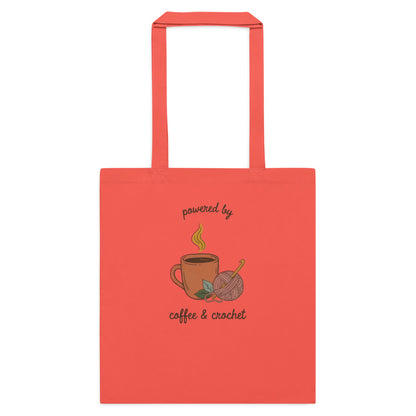 Powered by Coffee and Crochet cottagecore crochet cotton tote bag — Coral, flat