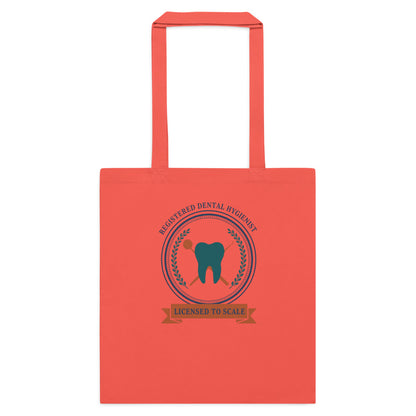 Licensed to Scale registered dental hygienist cotton tote bag — Coral, flat