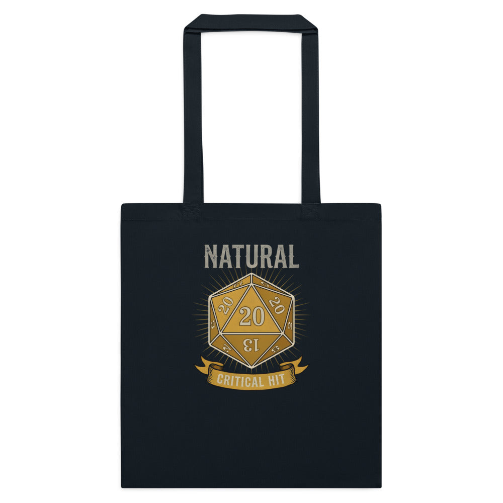 Natural 20 critical hit d20 tabletop RPG cotton tote bag — French Navy, flat