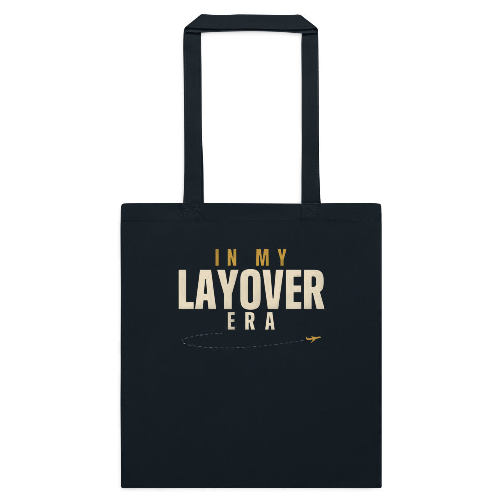 In My Layover Era flight attendant cotton tote bag — French Navy, flat