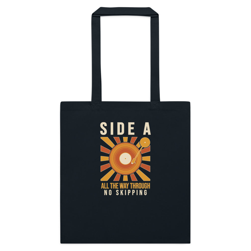 Side A No Skipping vinyl record cotton tote bag — French Navy, flat