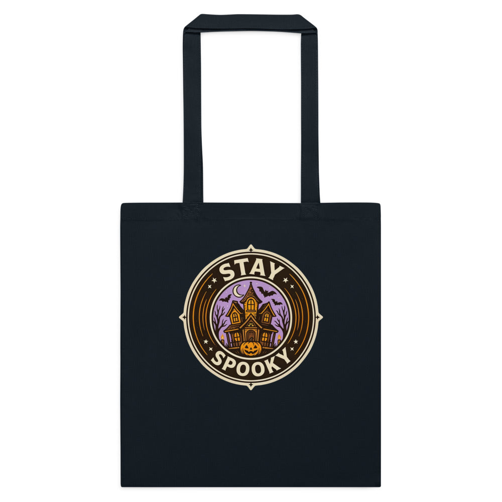 Stay Spooky retro Halloween vintage badge cotton tote bag — French Navy, flat