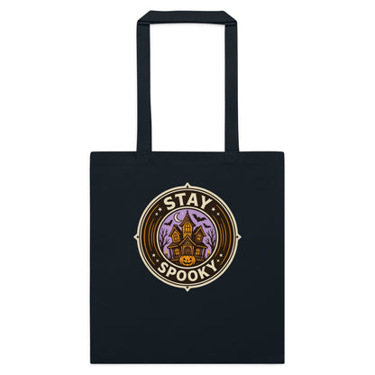 Stay Spooky retro Halloween vintage badge cotton tote bag — French Navy, flat