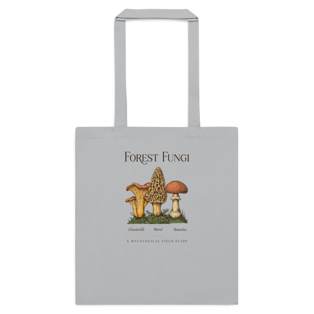 Forest Fungi vintage mushroom field guide tote bag — Light Grey, flat
