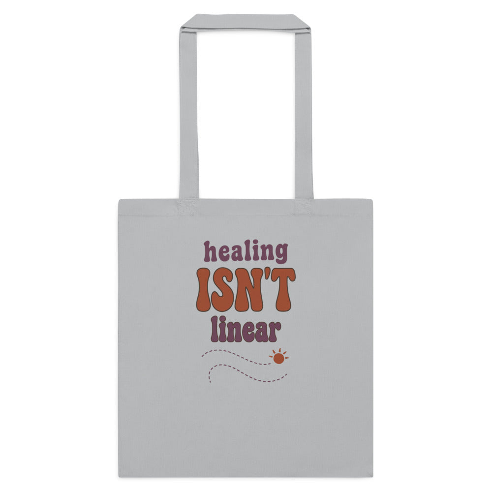 Healing Isn't Linear soft retro mental health cotton tote bag — Light Grey, flat