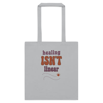 Healing Isn't Linear soft retro mental health cotton tote bag — Light Grey, flat