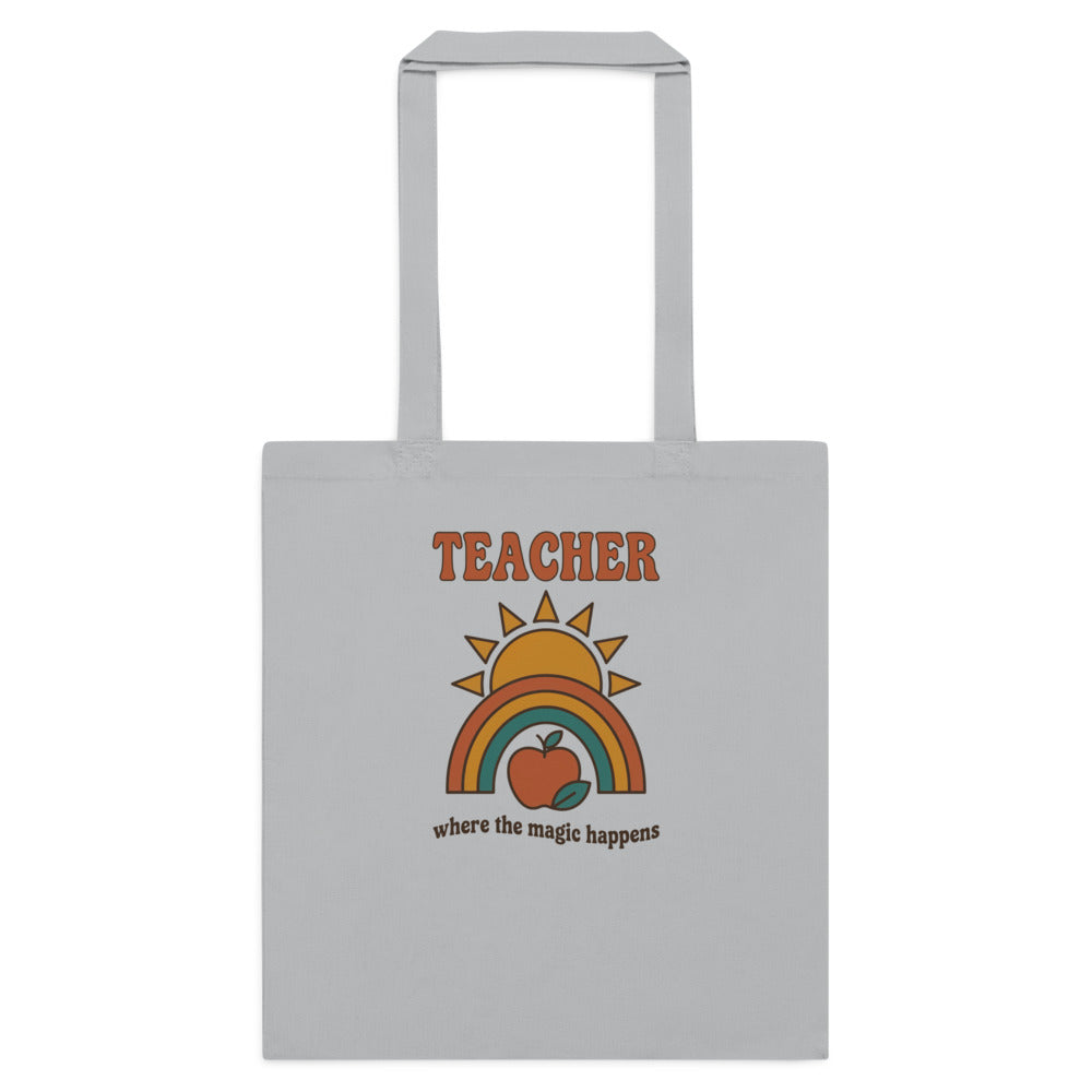 Teacher Where The Magic Happens retro groovy teacher cotton tote bag — Light Grey, flat