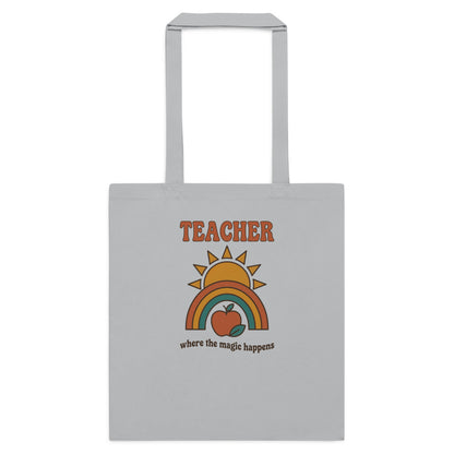 Teacher Where The Magic Happens retro groovy teacher cotton tote bag — Light Grey, flat