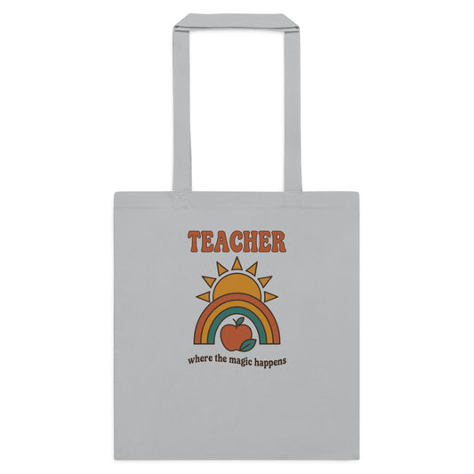 Teacher Where The Magic Happens retro groovy teacher cotton tote bag — Light Grey, flat