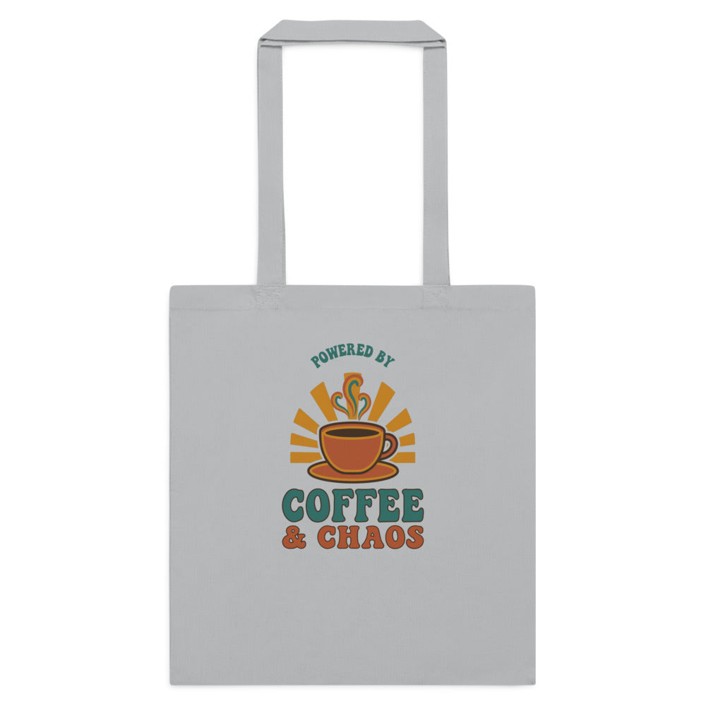 Powered By Coffee And Chaos retro groovy teacher cotton tote bag — Light Grey, flat