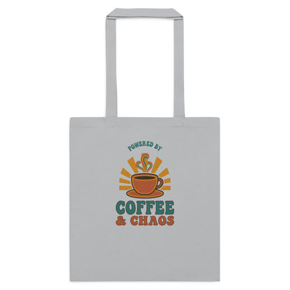 Powered By Coffee And Chaos retro groovy teacher cotton tote bag — Light Grey, flat