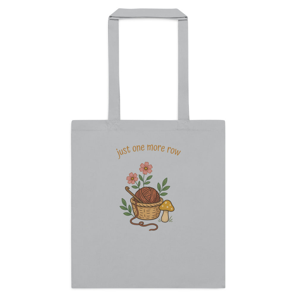 Just One More Row crochet cottagecore cotton tote bag — Light Grey, flat