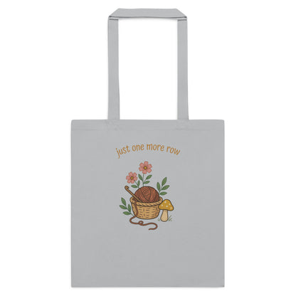Just One More Row crochet cottagecore cotton tote bag — Light Grey, flat