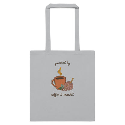 Powered by Coffee and Crochet cottagecore crochet cotton tote bag — Light Grey, flat