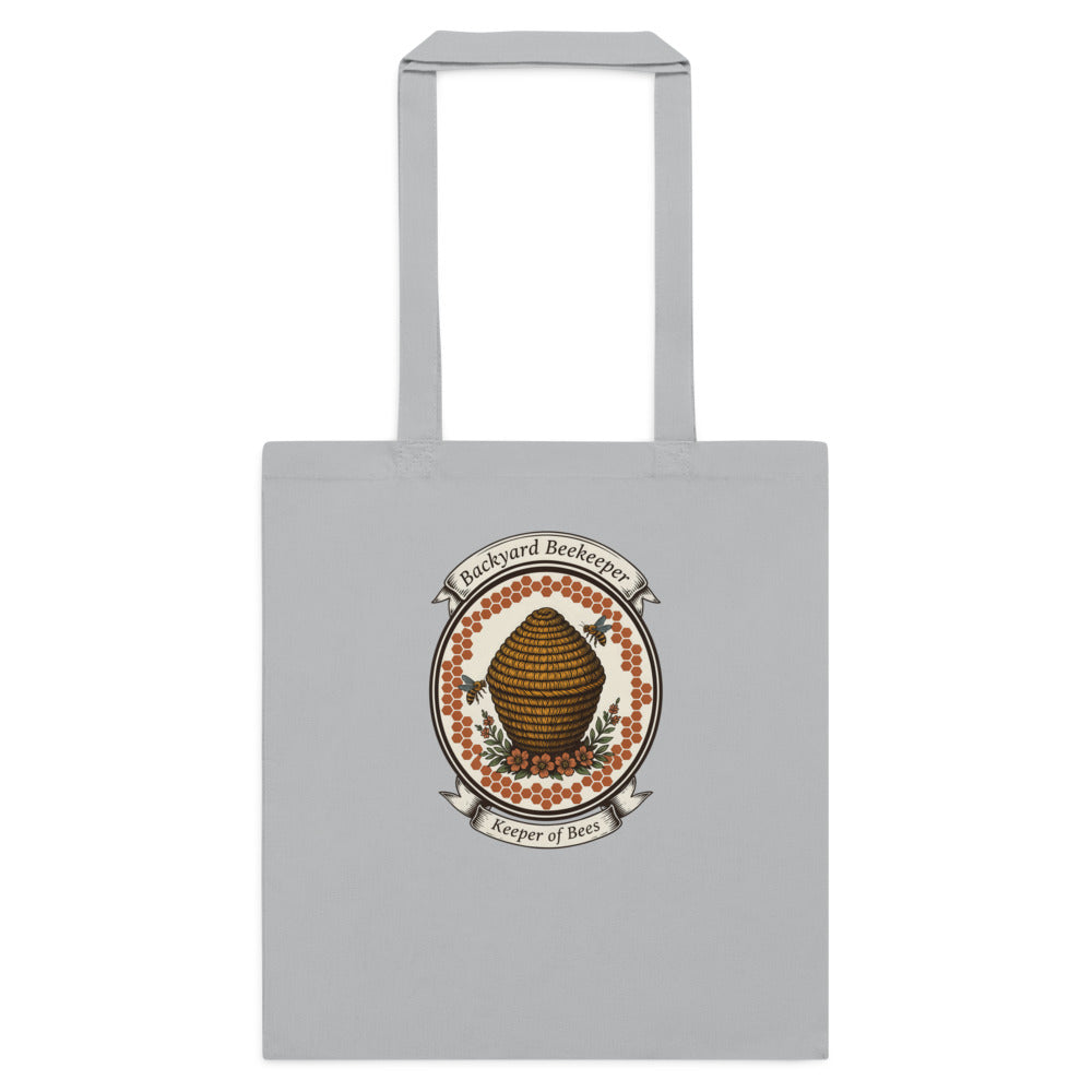 Backyard Beekeeper Keeper of Bees vintage apiary crest cotton tote bag — Light Grey, flat