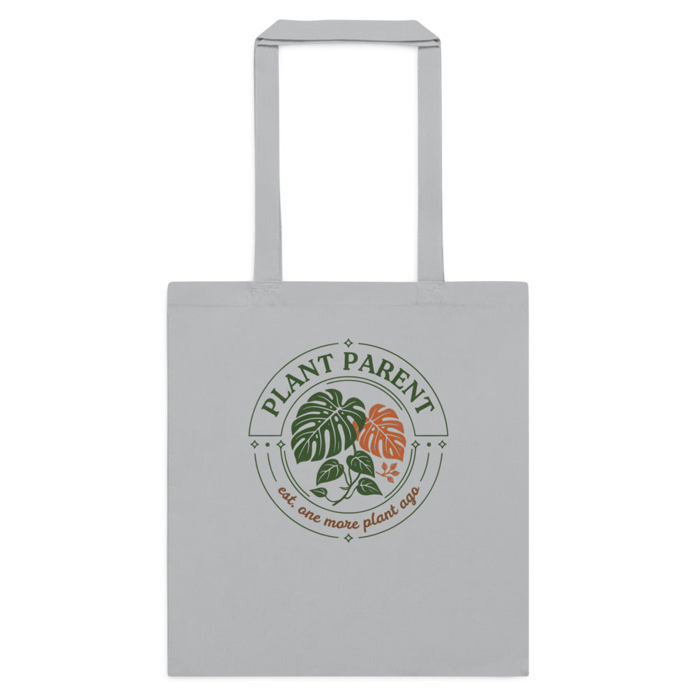 Plant Parent retro botanical badge cotton tote bag — Light Grey, flat