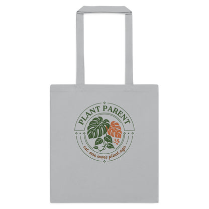 Plant Parent retro botanical badge cotton tote bag — Light Grey, flat