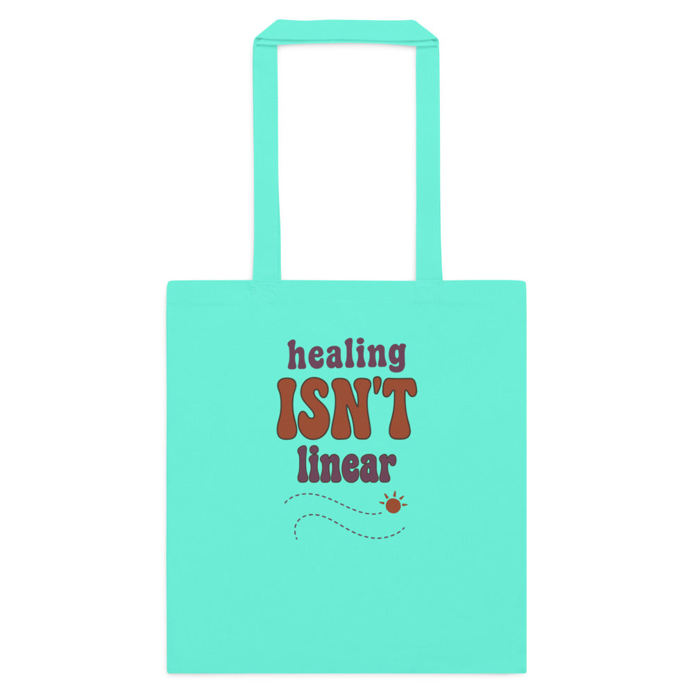 Healing Isn't Linear soft retro mental health cotton tote bag — Mint, flat