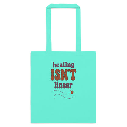Healing Isn't Linear soft retro mental health cotton tote bag — Mint, flat
