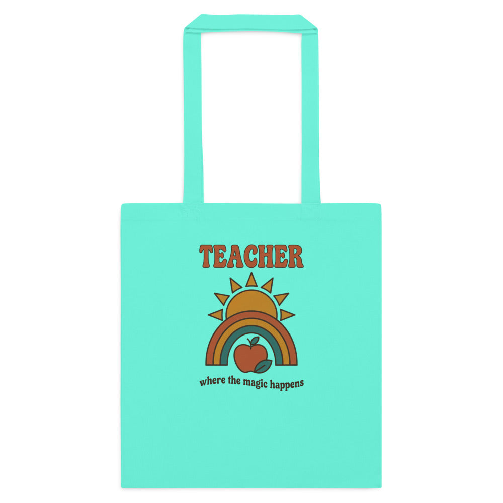 Teacher Where The Magic Happens retro groovy teacher cotton tote bag — Mint, flat