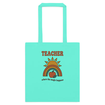 Teacher Where The Magic Happens retro groovy teacher cotton tote bag — Mint, flat